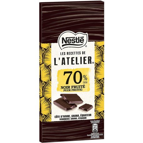 Nestlé Les Recettes de l’Atelier 70% Noir Fruité Côte d’Ivoire Ghana Équateur 100g (lot de 10)