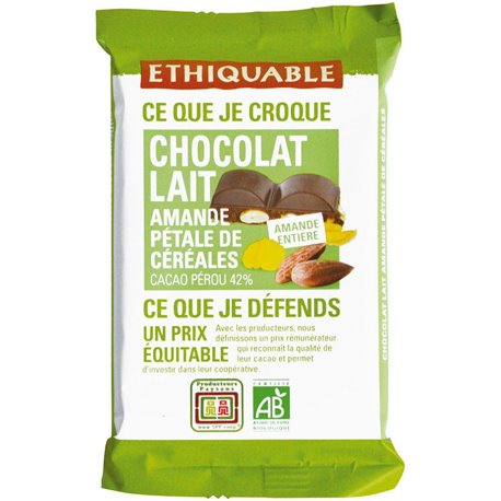 Ethiquable Chocolat Lait Amande Pétale de Céréales 100g (lot de 9)