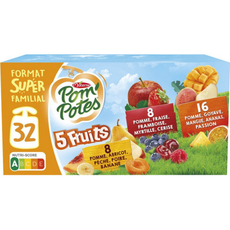 Pom'Potes 5 fruits pomme abricot pêche poire banane fraise framboise myrtille cerise goyave mangue ananas 32x90g 2.88Kg