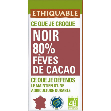 ETHIQUABLE CHOCOLAT NOIR 80% CACAO BIO 100g