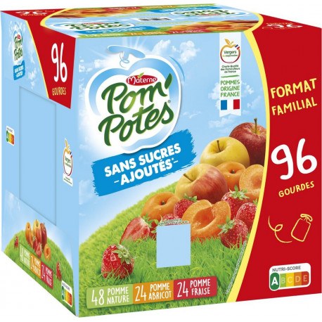 POM'POTES Compotes pomme, fraise, abricot sans sucres ajoutés les 96 gourdes de 90g