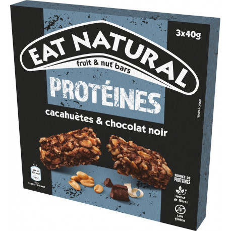 EAT NATURAL Barres Céréales Protéines Cacahuètes et Chocolat Noir Sans Gluten 3x40g 120g