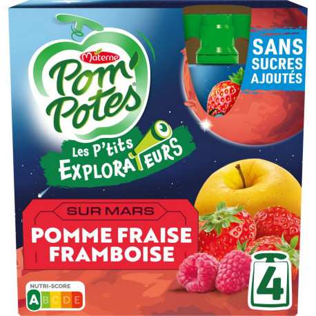 POM'POTES Compotes Les P'tits Explorateurs sur Mars pomme fraise framboise sans sucres ajoutés les 4 gourdes de 90g