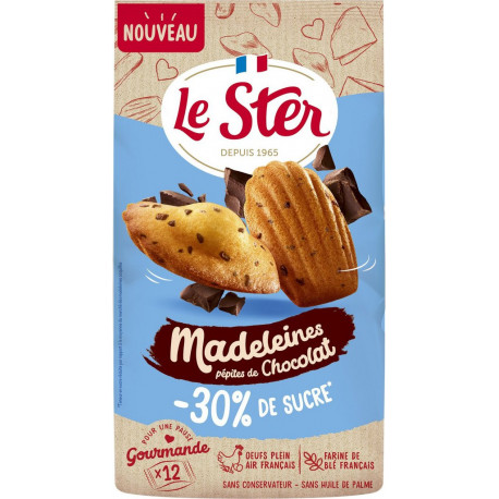 LE STER Madeleines Coquilles Pépites de Chocolat - 30% de Sucre 12 madeleines 300g