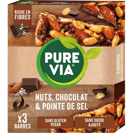 PURE VIA Barres nuts chocolat et pointe de sel les 3 barres de 35g