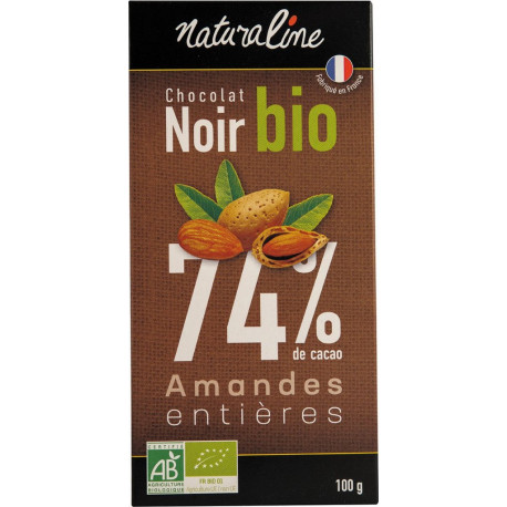 NATURALINE Tablette de chocolat noir 74% bio aux amandes la tablette de 100g