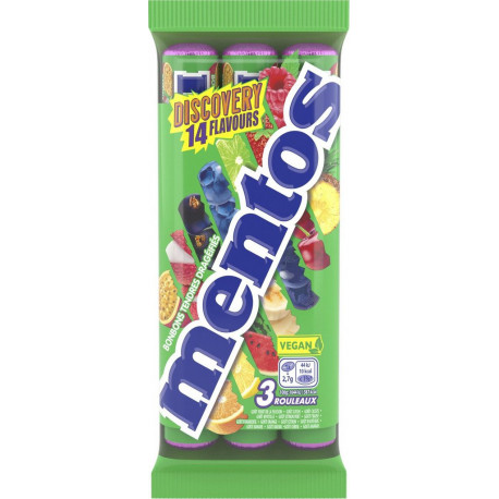 MENTOS Bonbons Discovery 14 parfums les 3 rouleaux de 14 dragées 112g