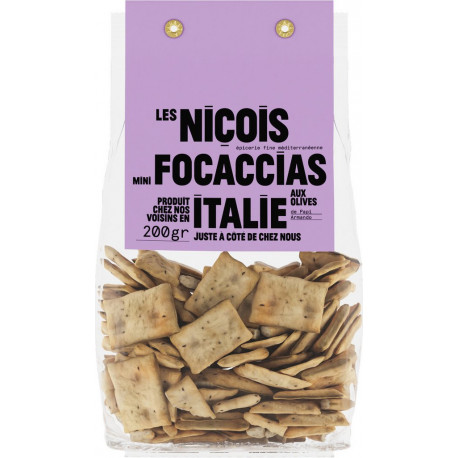 LES NICOIS Biscuits apéritif mini-focaccias aux olives de Papi Armando 200g