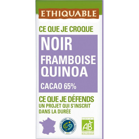 ETHIQUABLE Tablette de chocolat noir framboise quinoa bio