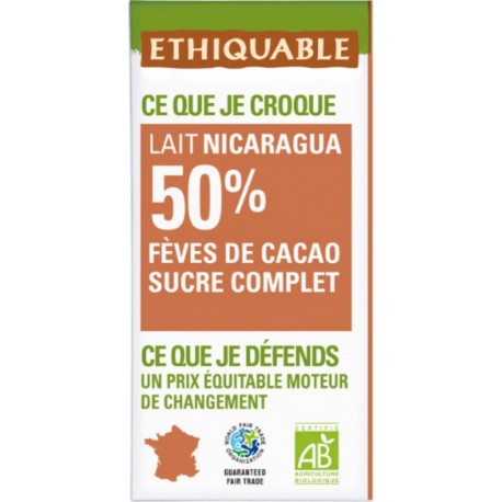 ETHIQUABLE Chocolat au Lait du Nicaragua 50% Fèves de Cacao Sucre Complet Bio