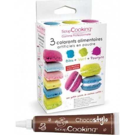 SCRAPCOOKING 3 Colorants Alimentaires Bleu, Vert, Pourpre + 1 Stylo Chocolat